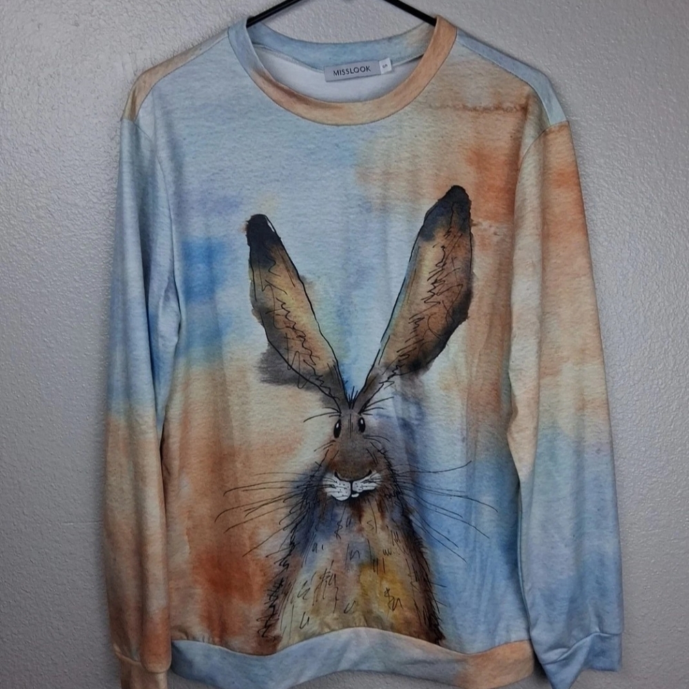 Miss Look Womens Size Small Watercolor Rabbit Long Sleeve T